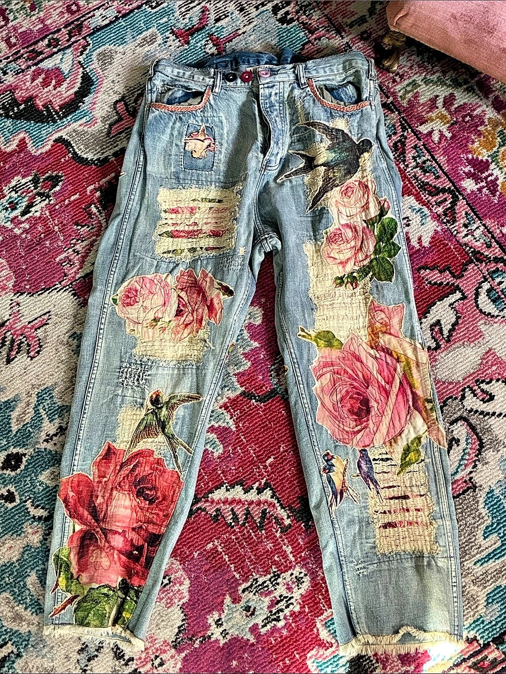 Magnolia Pearl Bird Appliqué Miner Denims Floral Rose Jeans RARE